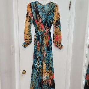 Vibrant Long Sleeve Tropical Sheer Plunging Neck Maxi Dress